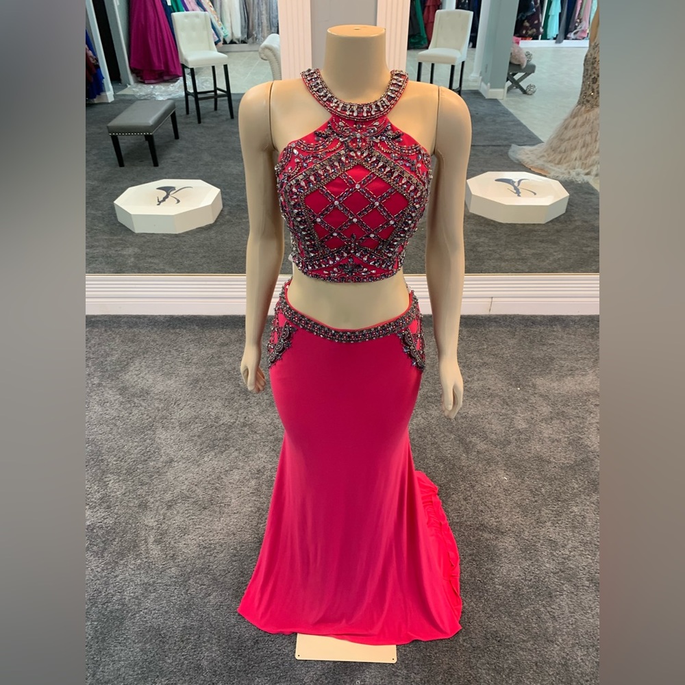 size 10 fuchsia trumpet gown. halter crystallized top. crystal waistline